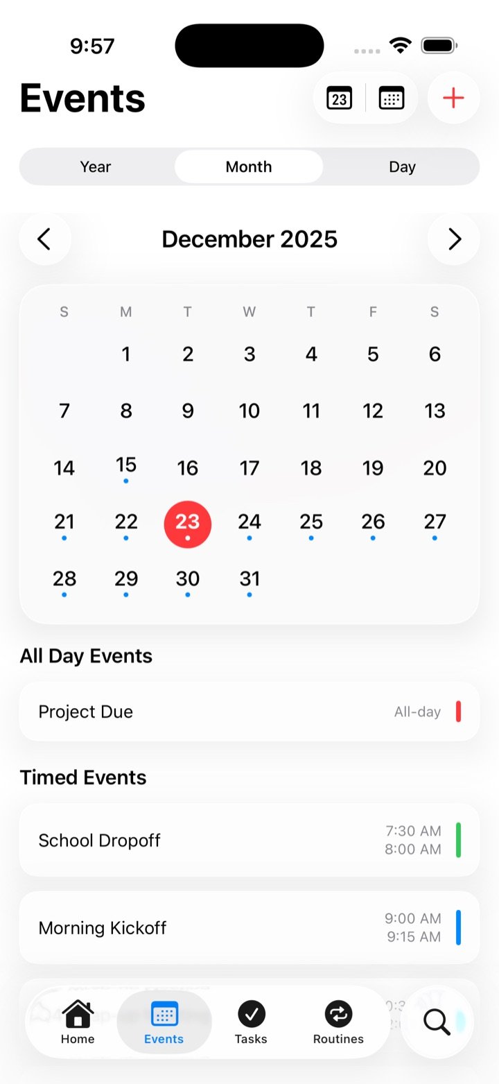 The Events tab in month view with a day’s events listed below the calendar