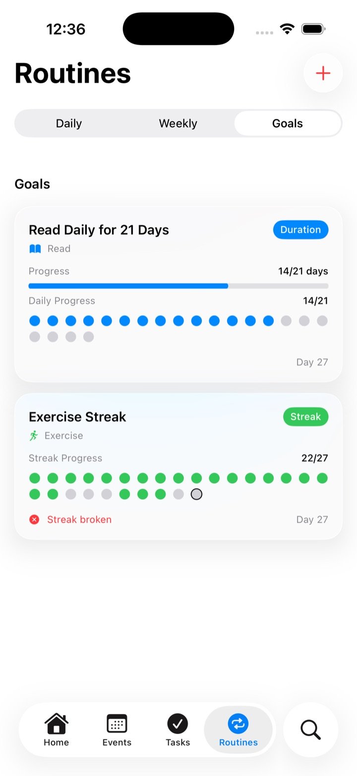 Two goal cards: a 21-day reading goal with a progress bar and an exercise streak shown as dots