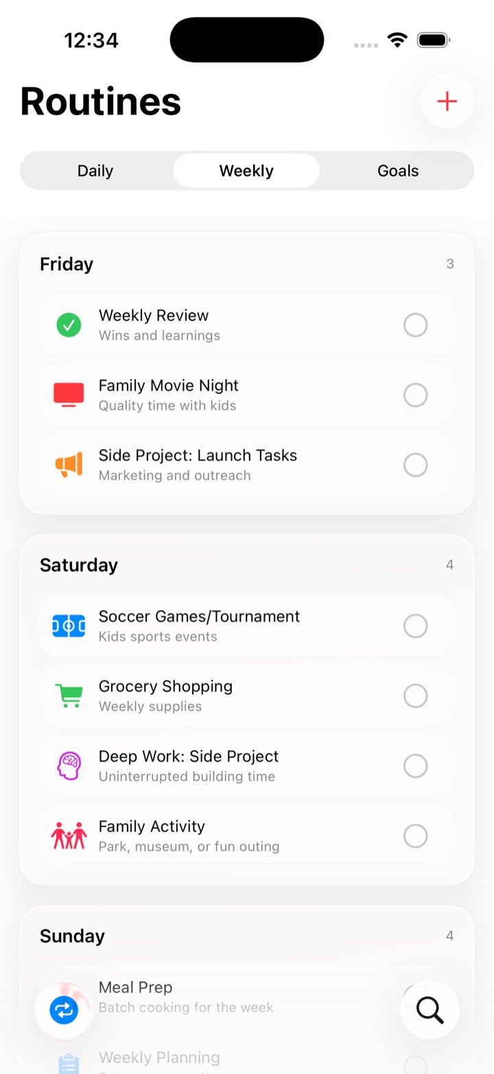 The Routines tab in Weekly view with routines grouped by weekday
