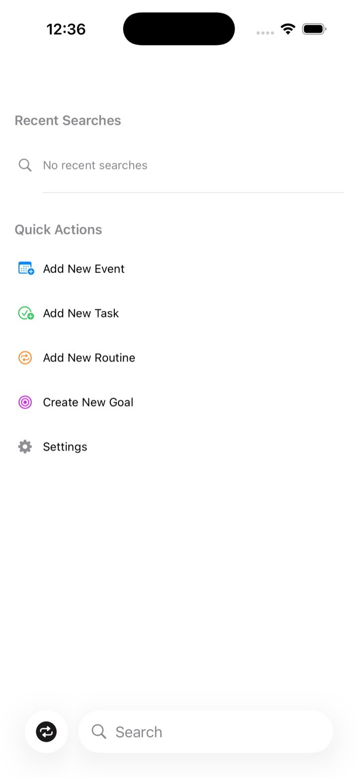 The Search tab with recent searches and quick actions to add an event, task or routine