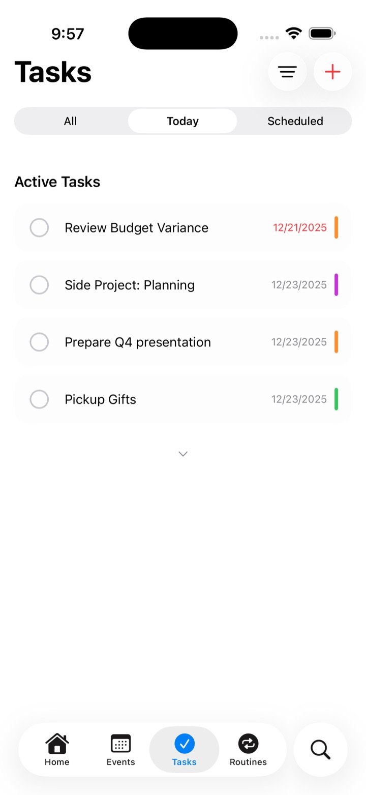 The Tasks tab showing today’s active tasks with due dates